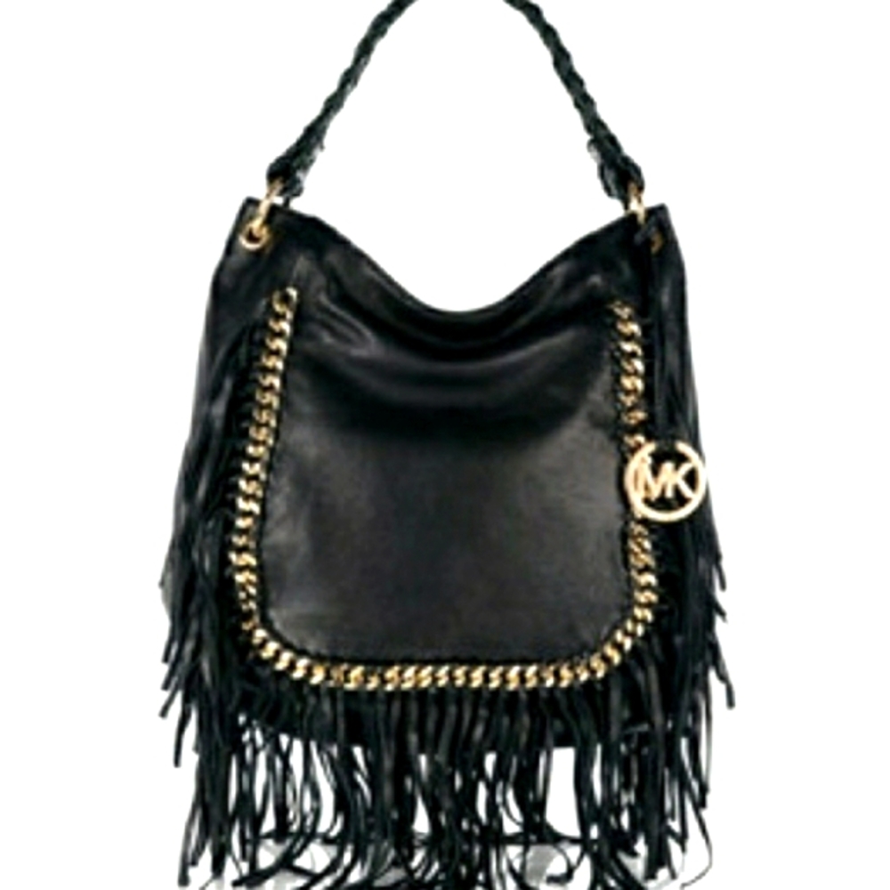 NWOT Michael Kors Black Leather Fringe Purse Gold Chain Accents